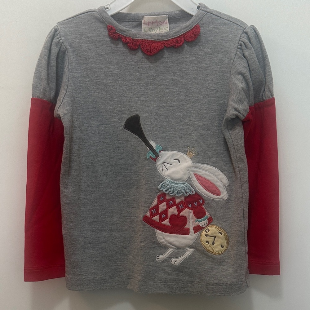 Lemon Loves Lime Brand Gray and Red Long Sleeve Kids Tee with Rabbit 🐇 Design
